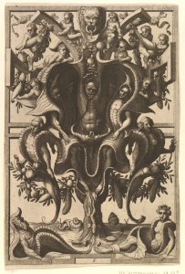 Auricular Cartouche with Figures within a Strapwork Frame from Veederley Veranderinghe van grotissen ende Compertimenten. Libro Primo MET DP823067