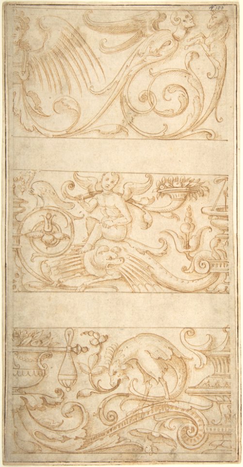 Antique-Style Ornamental Frieze Designs- Grotesques with Winged Infant, Masks, and Fantastic Animals MET DP802031
