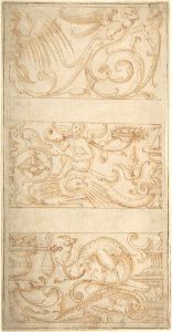 Antique-Style Ornamental Frieze Designs- Grotesques with Winged Infant, Masks, and Fantastic Animals MET DP802031