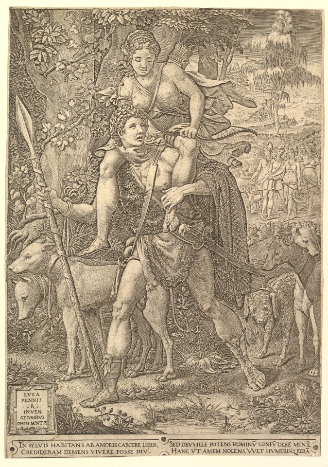 Allegory of the Hunt; a hunter holding a large spear carrying a woman (Diana?) on his shoulders; five hunting dogs in the foreground and a retinue of male and female hunters in the background MET DP821258