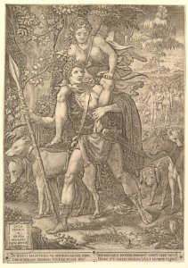 Allegory of the Hunt; a hunter holding a large spear carrying a woman (Diana?) on his shoulders; five hunting dogs in the foreground and a retinue of male and female hunters in the background MET DP821258