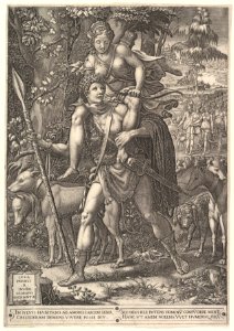 Allegory of the Hunt; a hunter holding a large spear carrying a woman (Diana?) on his shoulders; five hunting dogs in the foreground and a retinue of male and female hunters in the background MET DP821255