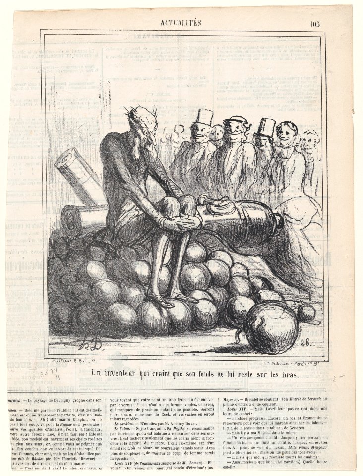 An inventor who is afraid of getting stuck, sitting on his stock, from 'News of the day,' published in Le Charivari, May 31, 1867 MET DP877602