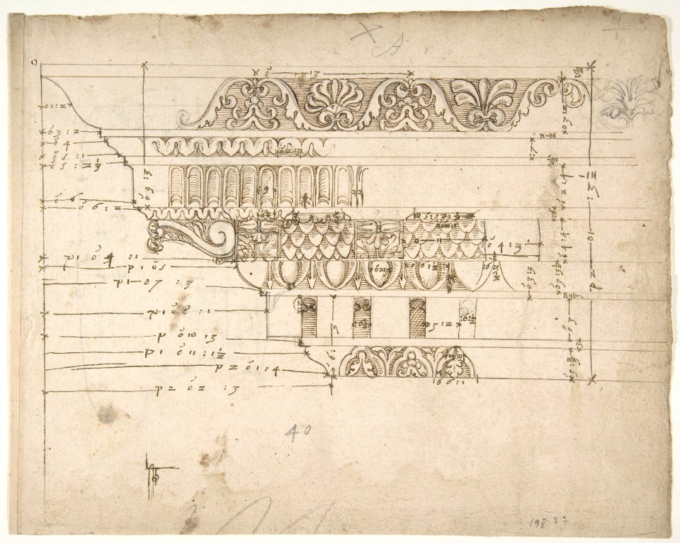 Arch of Camigliano, cornice, elevation in profile, ornamental detailing (recto) Unidentified, Doric capital; Arch of Camigliano, cornice, profile, sketch (verso) MET DP810856