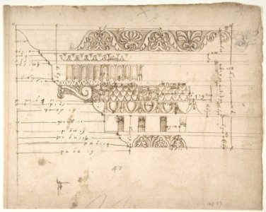 Arch of Camigliano, cornice, elevation in profile, ornamental detailing (recto) Unidentified, Doric capital; Arch of Camigliano, cornice, profile, sketch (verso) MET DP810856