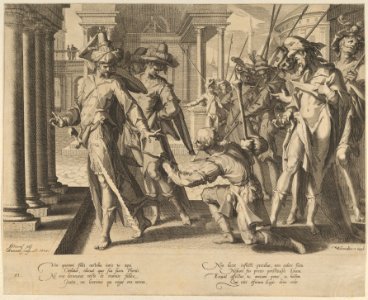 Allegory of Justice depicting a street scene with a shepherd giving a sheet of paper to a judge at left, who rejects it, from Thronus Justitiae, tredecim pulcherrimus tabulis..., plate 11 MET DP836866