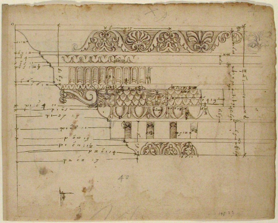 Arch of Camigliano, cornice, elevation in profile, ornamental detailing (recto) Unidentified, Doric capital; Arch of Camigliano, cornice, profile, sketch (verso) MET 68.769.17recto