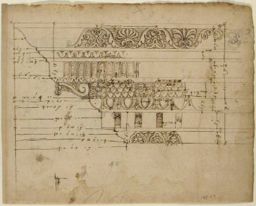 Arch of Camigliano, cornice, elevation in profile, ornamental detailing (recto) Unidentified, Doric capital; Arch of Camigliano, cornice, profile, sketch (verso) MET 68.769.17recto