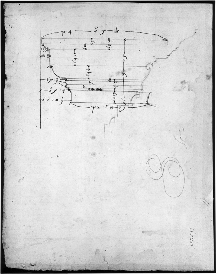 Arch of Camigliano, cornice, elevation in profile, ornamental detailing (recto) Unidentified, Doric capital; Arch of Camigliano, cornice, profile, sketch (verso) MET sf68 769 17v-MM43641