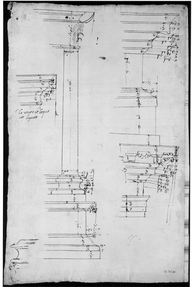 Arch of Constantine, elev, partial plan (recto) Arch of Constantine, profiles of base, shaft and entablature (verso) MET sf68 769 20v-MM43646