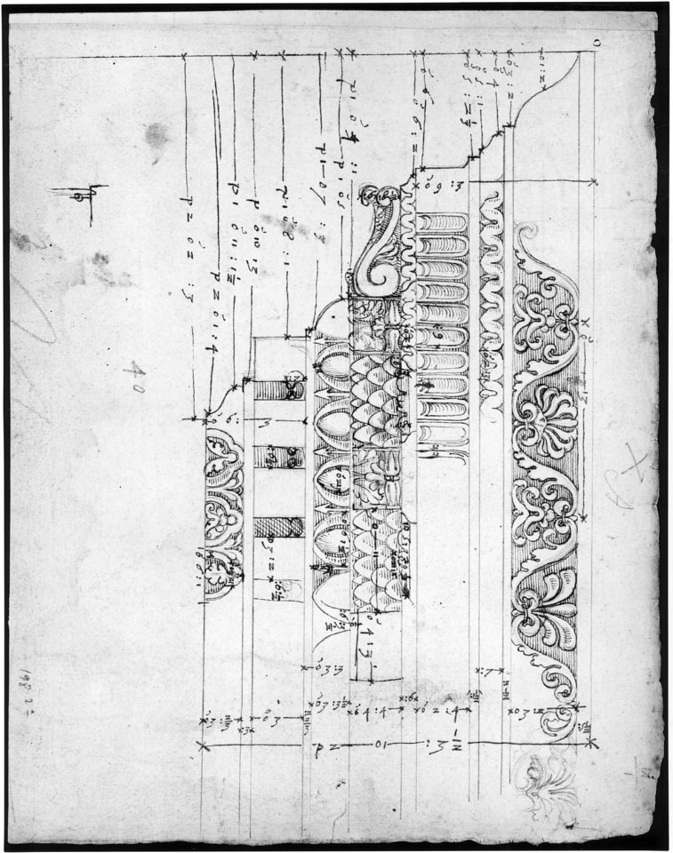 Arch of Camigliano, cornice, elevation in profile, ornamental detailing (recto) Unidentified, Doric capital; Arch of Camigliano, cornice, profile, sketch (verso) MET sf68 769 17r-MM43640