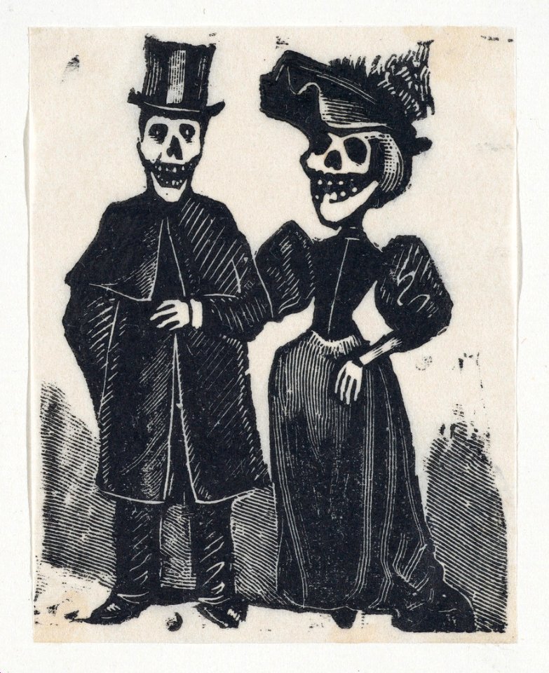 An elegantly dressed male and female skeleton arm in arm (vignette for the feast of the dead) MET DP867980