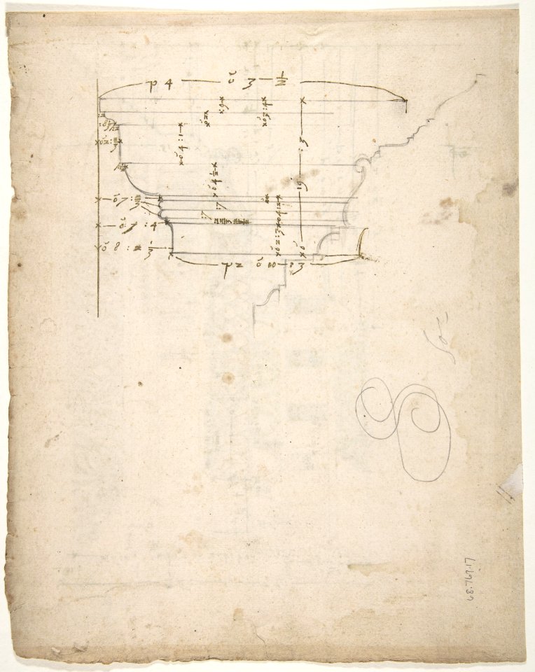 Arch of Camigliano, cornice, elevation in profile, ornamental detailing (recto) Unidentified, Doric capital; Arch of Camigliano, cornice, profile, sketch (verso) MET DP810857