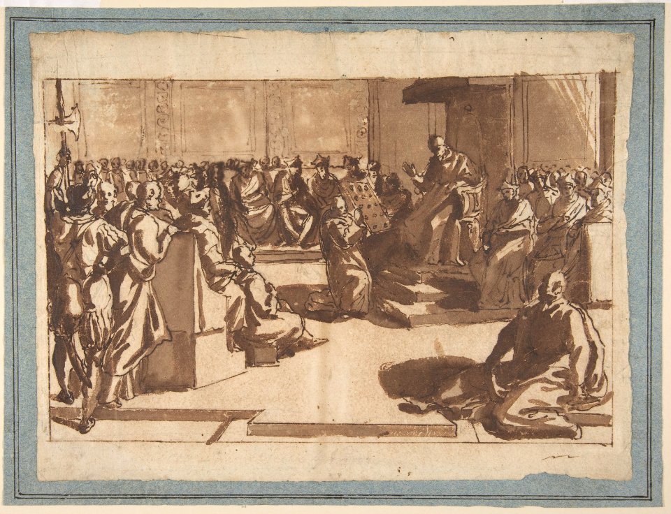 An Ecclesiastic (Pope?) Blessing a Book before the Sacred College. MET DP810915