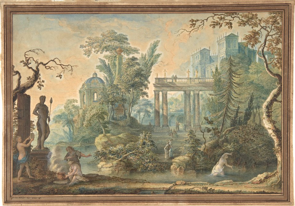 Arcadian Landscape with several Figures and a Statue of Apollo MET DP800477