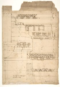 Arch of Septimius Severus, entablature, elevation; attic, base, elevation (recto) Arch of Septimius Severus, archivolt, elevation; impost, elevation; entablature, elevation; column base, elevation; column, plan (verso) MET DP810830