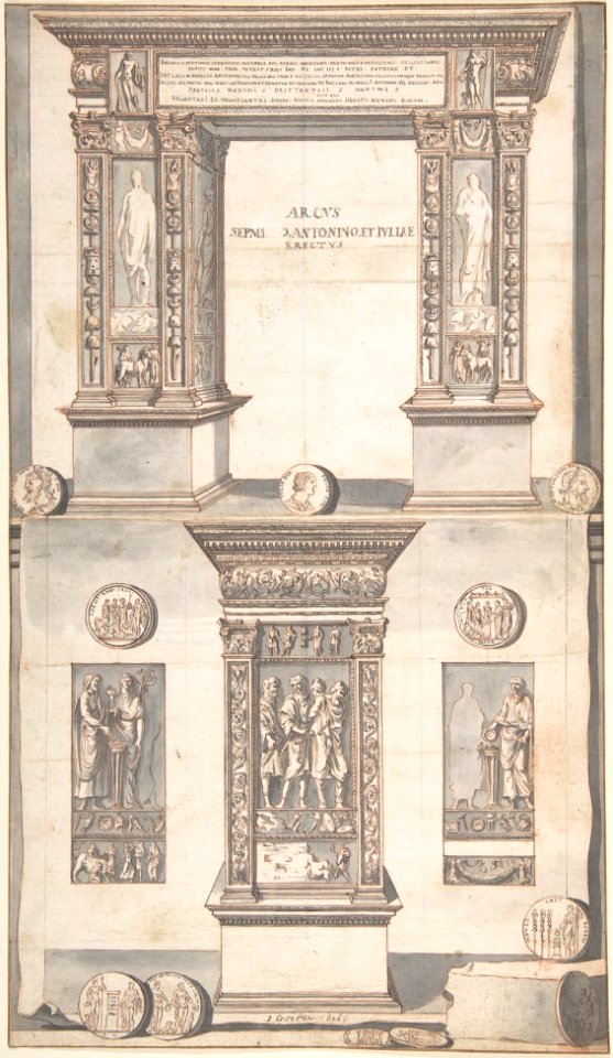 Arch of Septimius Severus, Frontal Elevation (above) and Side View (below), Jan Goeree, before 1704