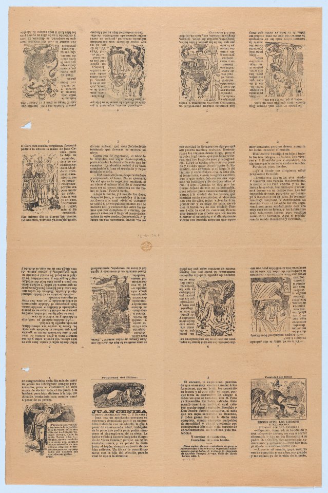 An uncut sheet printed on both sides with pages from 'Juan Ceniza' (cuento arreglado por C. S. Suarez) and 'Rosendito, los leones y el sapo' (cuento por C. S. Suarez) MET DP873189