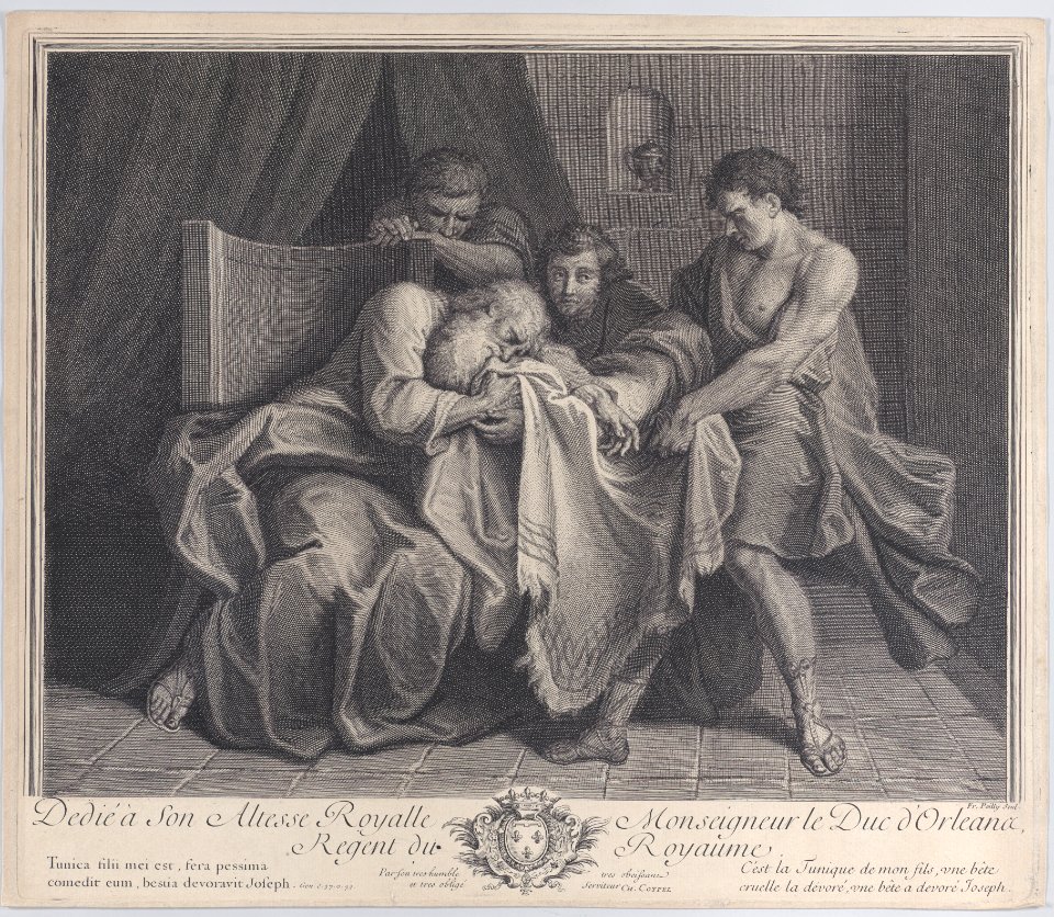 An old man crying into a tunic while his sons pull it away from him Met DP884575