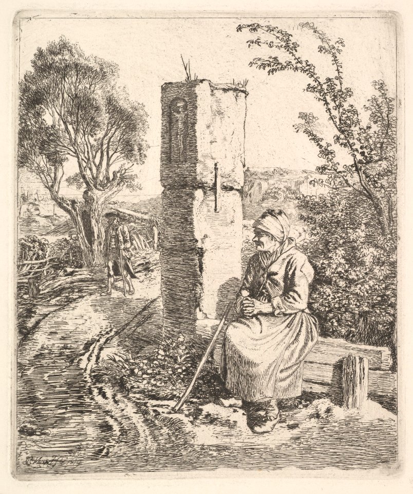 An Old Lady Sitting Near a Pillar at Side of Road MET DP824241