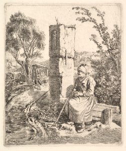 An Old Lady Sitting Near a Pillar at Side of Road MET DP824241