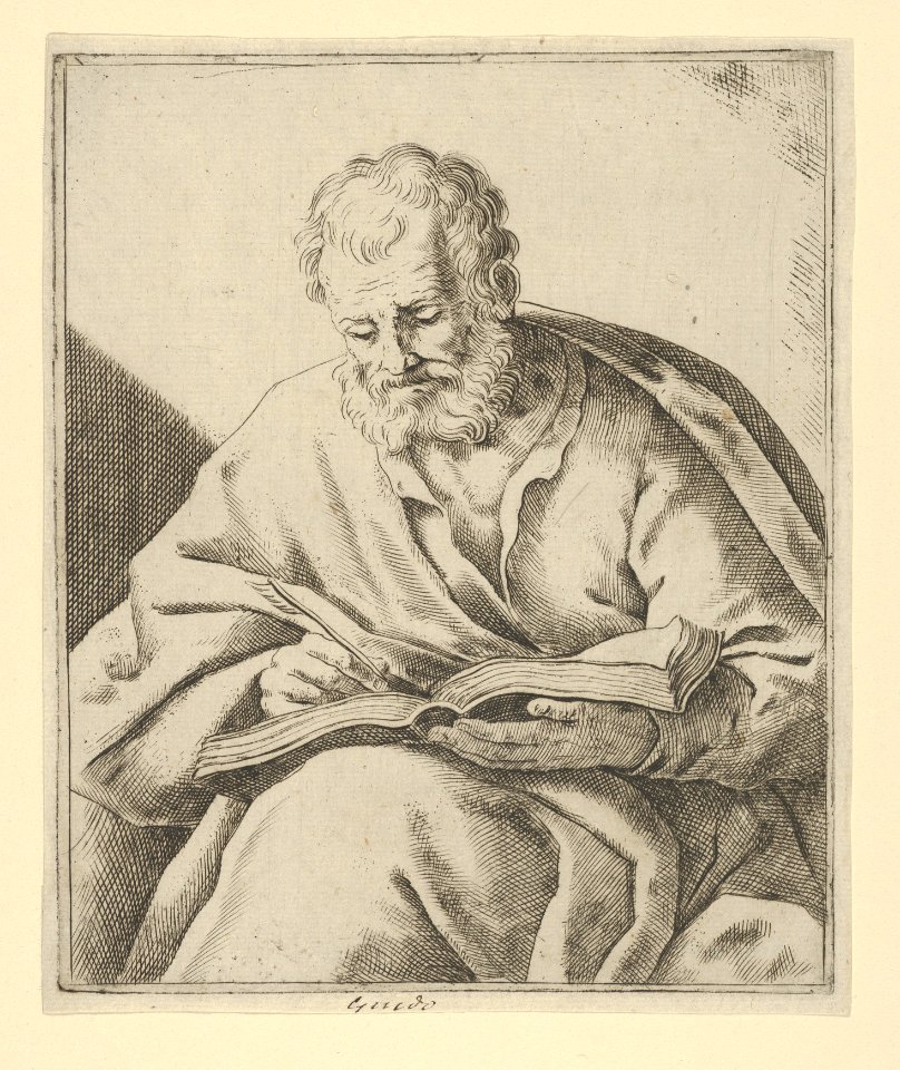 An old man seated and writing in a book (an evangelist?) MET DP837922