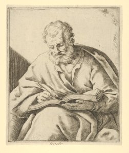 An old man seated and writing in a book (an evangelist?) MET DP837922
