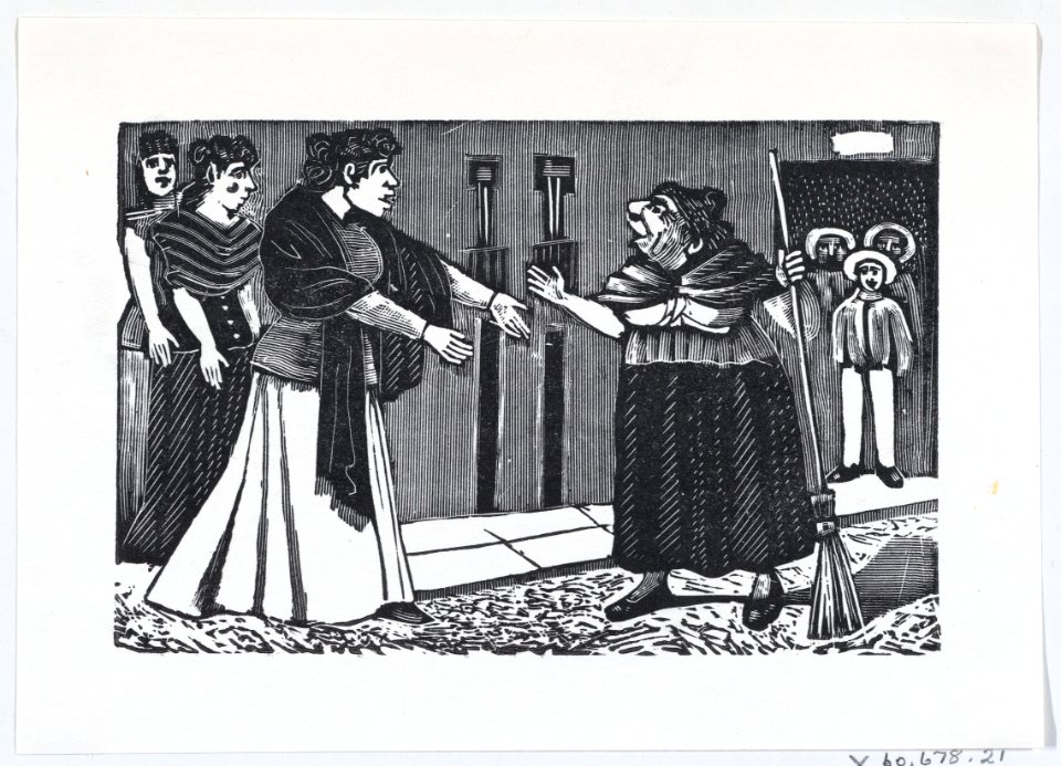 An old woman with a broom in her hand arguing with a younger woman from a broadside entitled 'El Pleito de Vecindad' MET DP869411