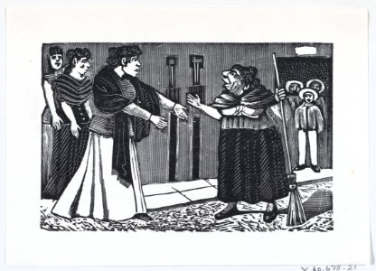 An old woman with a broom in her hand arguing with a younger woman from a broadside entitled 'El Pleito de Vecindad' MET DP869411