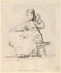 An old woman spinning, spindle in her right hand, distaff in her left MET DP844394