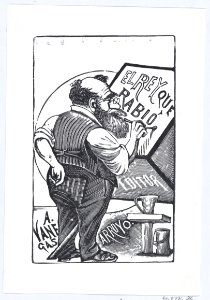 An old man with spectacles and one hand behind his back painting on a wooden block, illustration for 'El Rey que Rabio' MET DP869413