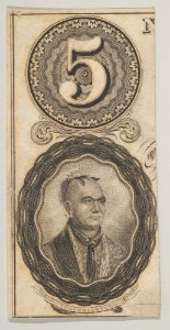Banknote motifs- the number 5 and a portrait of Thayendanegea MET DP837948