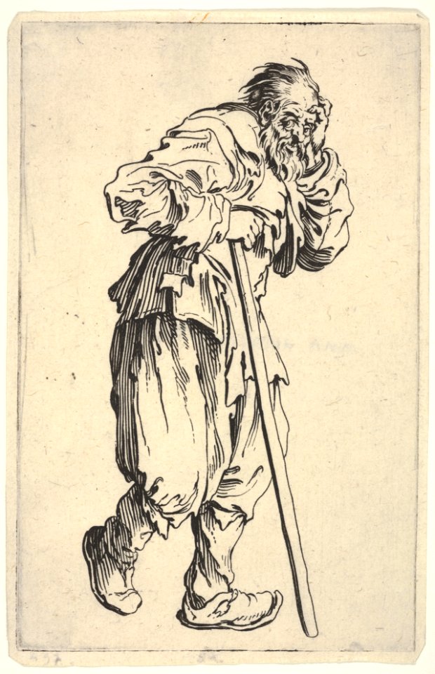 Bearded man, dressed in rags, holding his head with one hand and a walking stick with the other, from the series 'The beggars' (Les gueux) MET DP833459