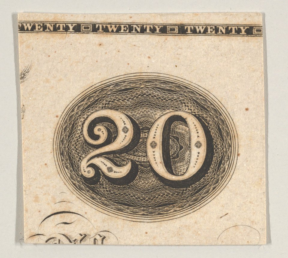 Banknote motif- the number 20 against an ornamental lathe work oval resembling woven rope MET DP837959