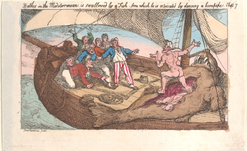 Bathes in the Mediterranean, is swallowed by a fish, from which he is extricated by dancing a hornpipe MET DP883691