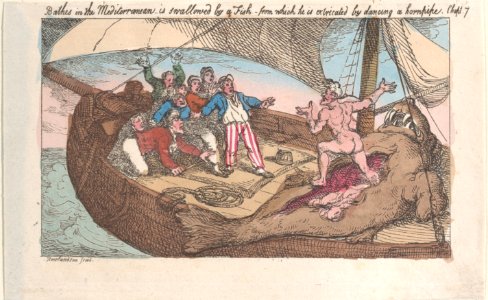 Bathes in the Mediterranean, is swallowed by a fish, from which he is extricated by dancing a hornpipe MET DP883691
