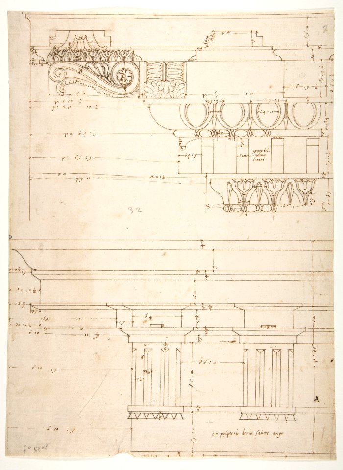 Basilica Ulpia, cornice, elevation profile with ornamental detailing; Domus Turciorum, entablature, elevation profile (recto) Domus Turciorum, elevation, perspective (verso) MET DP810817