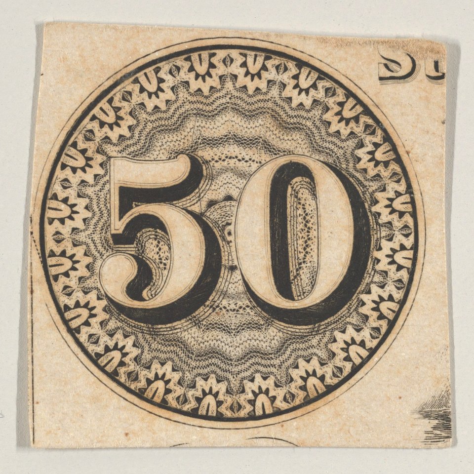 Banknote motif: the number 50 against an ornamental lathe work rondel resembling lace, circa 1824–42