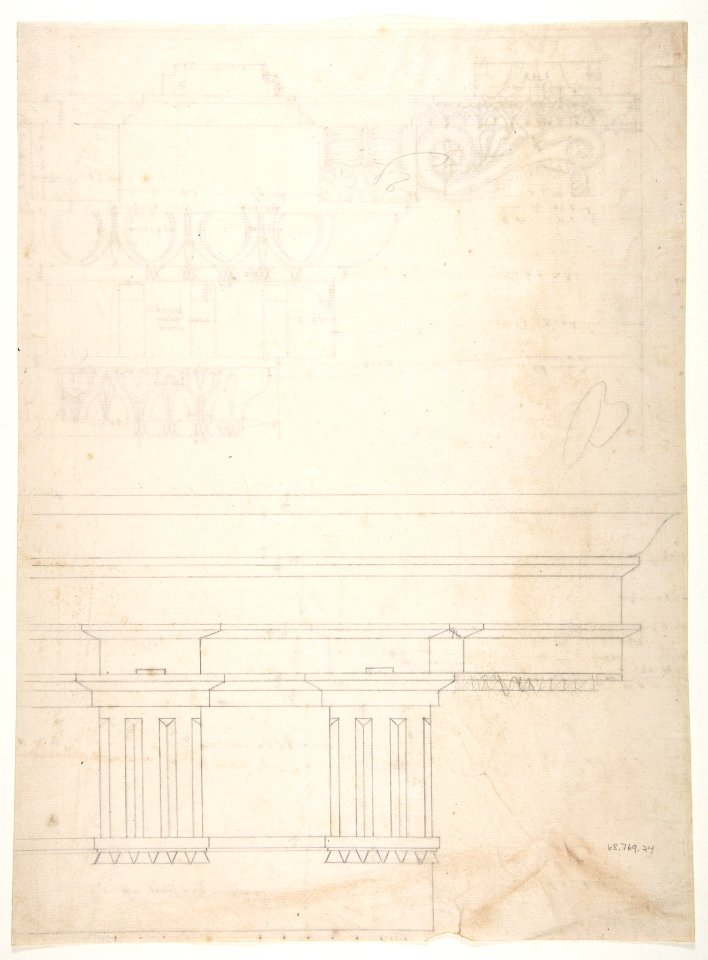 Basilica Ulpia, cornice, elevation profile with ornamental detailing; Domus Turciorum, entablature, elevation profile (recto) Domus Turciorum, elevation, perspective (verso) MET DP810818