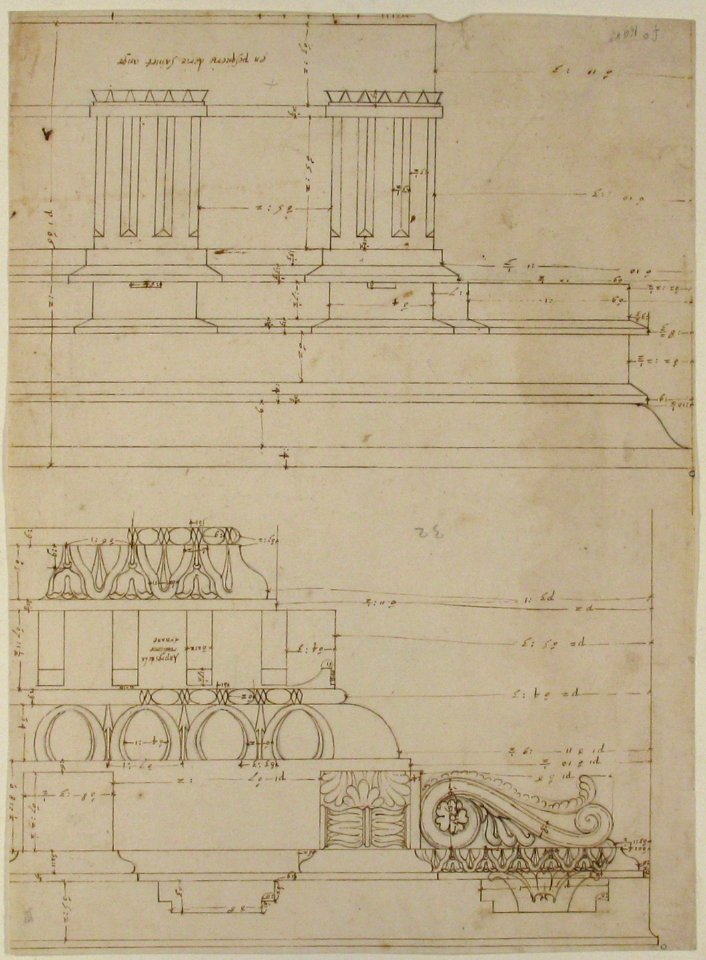 Basilica Ulpia, cornice, elevation profile with ornamental detailing; Domus Turciorum, entablature, elevation profile (recto) Domus Turciorum, elevation, perspective (verso) MET 68.769.24recto