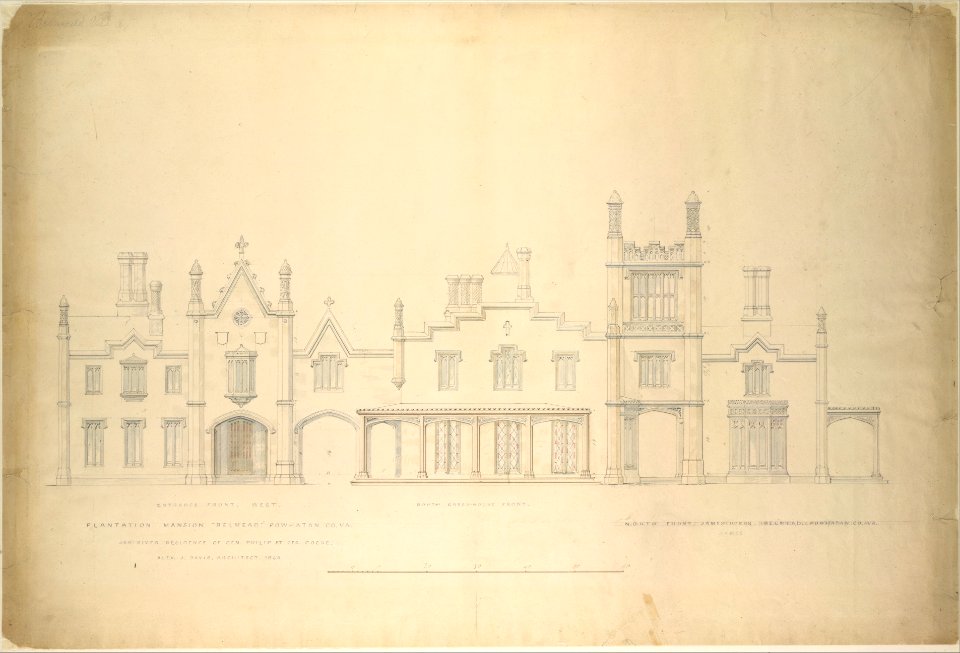 Belmead, Plantation Mansion for Philip St. George Cocke, Powhatan Co., Virginia (partial elevations of entrance facade, greenhouse facade and James River facade, shown as continuous) MET DT244938