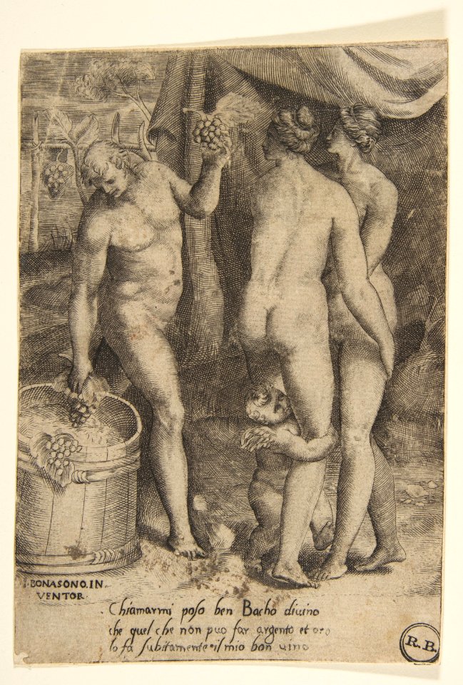Bacchus at left giving grapes to women, from 'The Loves of the Gods' MET DP812667