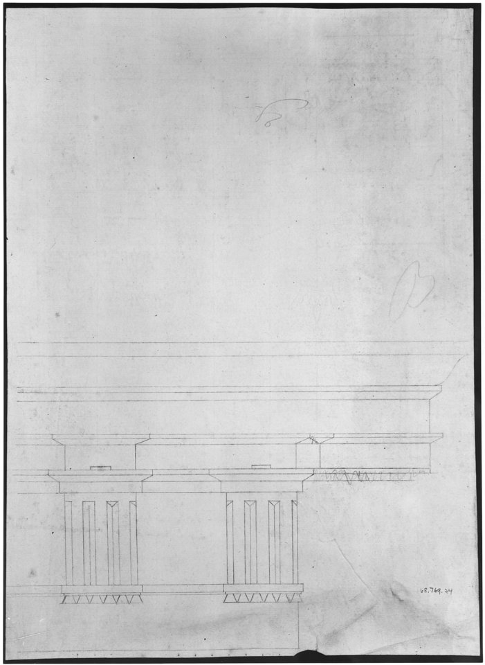 Basilica Ulpia, cornice, elevation profile with ornamental detailing; Domus Turciorum, entablature, elevation profile (recto) Domus Turciorum, elevation, perspective (verso) MET sf68 769 24v-MM43654