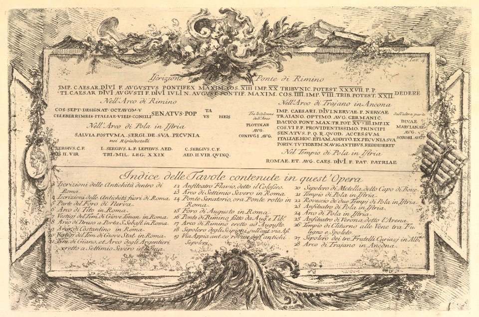 Beginning "Iscrizione nei lati del Ponte di Rimino" ("Inscription on the side of the Rimini Bridge") and followed by an index of plates in the volume. MET DP827932