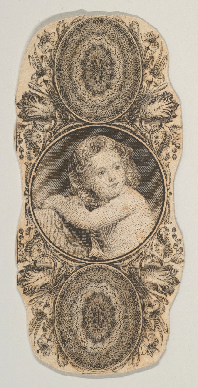 Banknote motif- a child's portrait surrounded by a floral frame MET DP837950