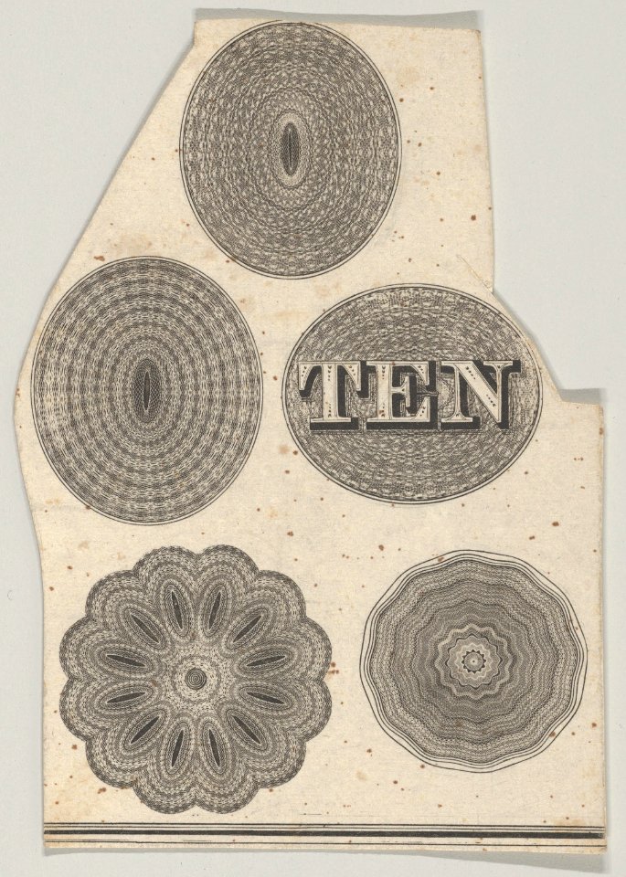 Banknote motif- Five oval or circular ornamental lathe work designs, one containing the word TEN MET DP837981