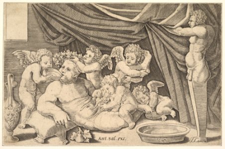 Bacchus surrounded by Putti, a statue of Priapus at right MET DP824390