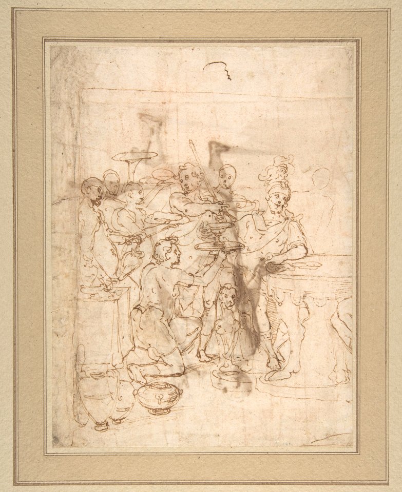 Banquet Scene- A Seated Warrior Attended by a Number of Servants (recto); Back View of a Standing Man in a Long Cloak (verso) MET DP810910