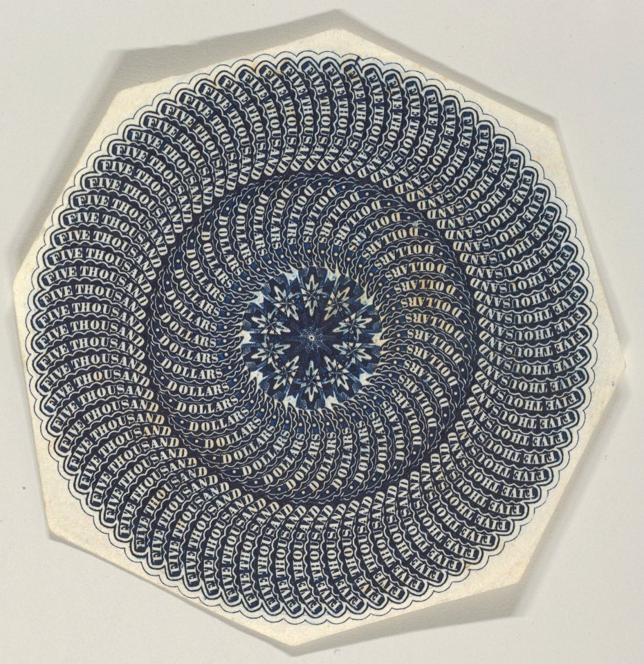 Banknote motif- a circular lathe work design composed out of the repetition of the words "Five thousand dollars" MET DP837970