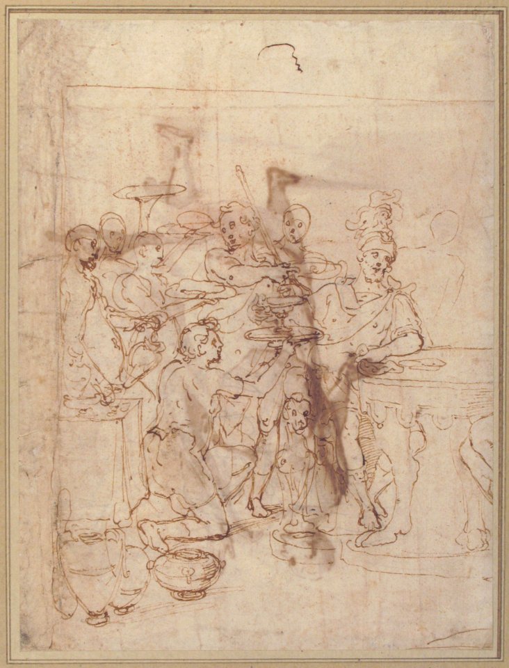 Banquet Scene- A Seated Warrior Attended by a Number of Servants (recto); Back View of a Standing Man in a Long Cloak (verso) MET 1975.126 RECTO